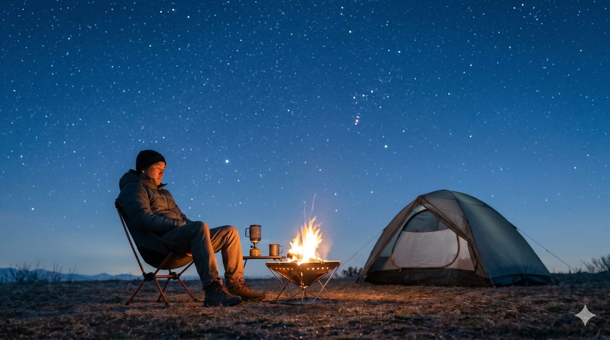 冬の星空の下、一人で静かに焚き火を楽しむソロキャンパー
